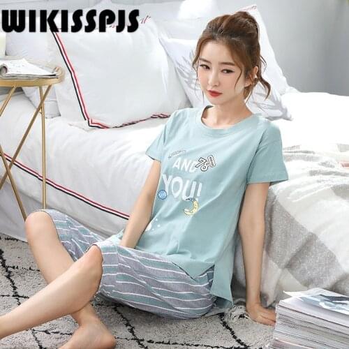 Pajamas Womens Short Sleeve Capris Cartoon Pajamas Thin Summer Home Suit Pajamas for Teen Girls Two Piece Set Summer