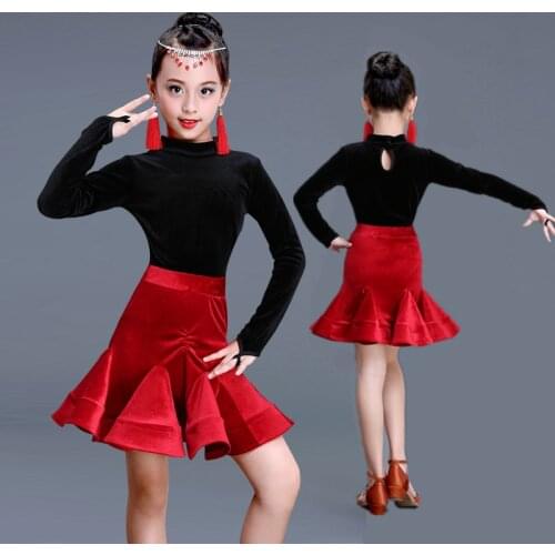 New Girls Latin Dance Dresses For Sale Cha Cha Rumba Samba Long Sleeves Velvet Separate Leotard Skirt Children Teen Latino Dress