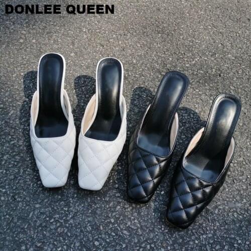 Fashion High Heels Slippers Shoes Women Square Toe Elegant Mule Shoe Brand Embroidery Outdoor Slides Women Slipper Summer Sandal