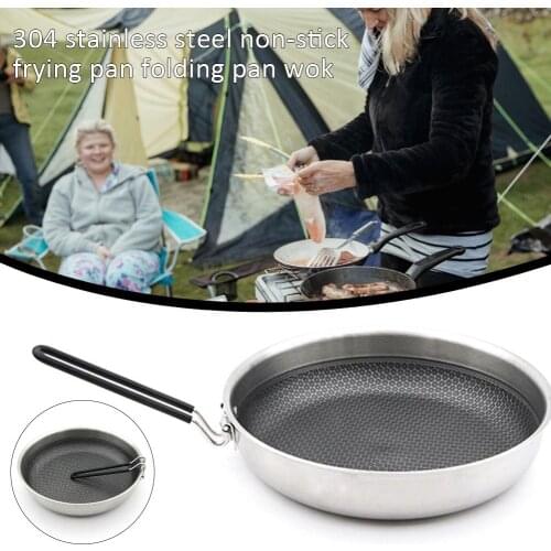 Stainless Steel Non-stick Frying Pan Cooking Skillet Pancake Steak Pan With Folding Handle For Home Outdoor Kitchen Cookware