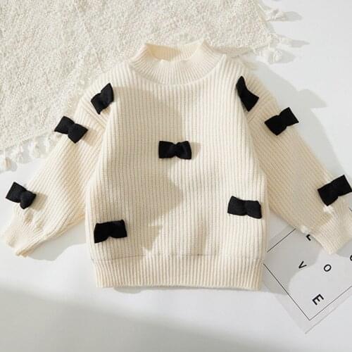 2021 New Sweet Girls Sweater Autumn Winter Bow Knot Round Neck Long-sleeve Knitted Sweater Korean Fashion Warm Pullover Top