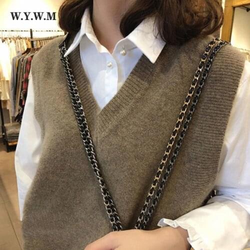 WYWM 2021 Basic Solid Knitted Vest Women Korean Harajuku Sleeveless Vintage Sweater Autumn Loose Pullovers V-neck Female Tops