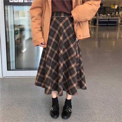 Elegant Long Skirts Harajuku Autumn Winter Wool Women Midi Pleated Skirt High Waist Plaid Female Saias Korean Ulzzang Streetwear