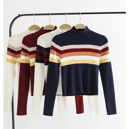 Autumn Winter Colorful Striped Sweater Female Fashion Sweet Turtleneck Knit Bottoming Top Long Sleeve Sweaters