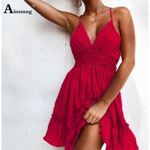 Aimsnug Sexy Solid RedSpaghetti Strap Deep V Neck Halter Lace Up Waist Splice Lace Backless 2020 Plus size Women Mini Dress