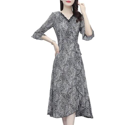 Elegant Summer Women Dress Korean Style Lady Slim Printed vestir New Fashion Female Plus Size High Quality Chiffon Dresses OK847
