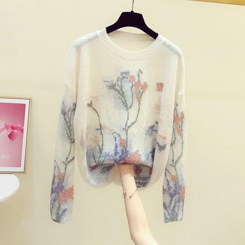 2020 Autumn New Elegant All-match Pullovers Womens Sweaters Embroidered Flower Thin Knitted Top Female Mohair Hollow Sweater