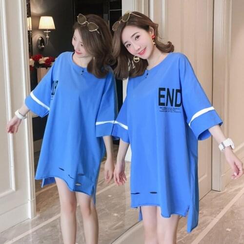 #2605 Summer Blue Mini Dresses Ladies Large Size Casual Loose Tshirts Dresses Sexy Letter Printed Cotton T Shirt Dress Female