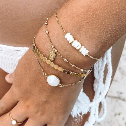 4 Pcs/Set Fashion Bohemia Gold Chain Bracelets Set for Women Classic Pineapple Beads Stone Cuff Bracelets Female Jewelry Gifts