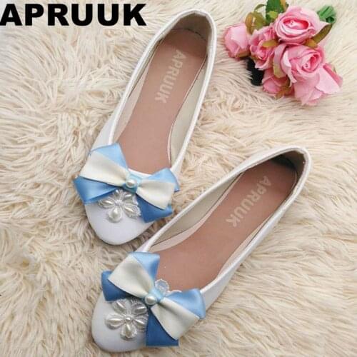 Sweet round toes ballet flats shoes womens blue white satin bow bowtie shoes lace pearls female flats comfortable shoes