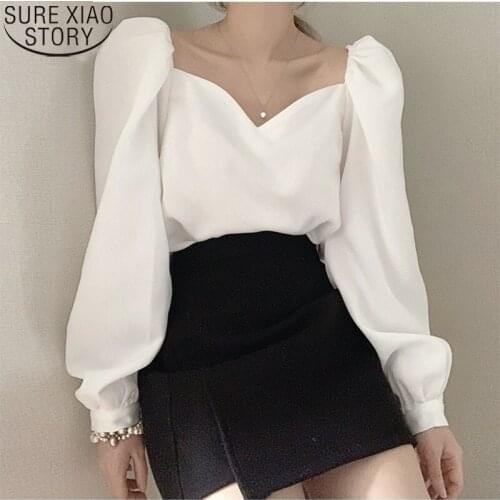Blusa Mujer Korean Chic Puff Sleeve Long Sleeve Blouse Women Tops Loose Solid White Simple 2021 New Fashion Women Blouse 13528