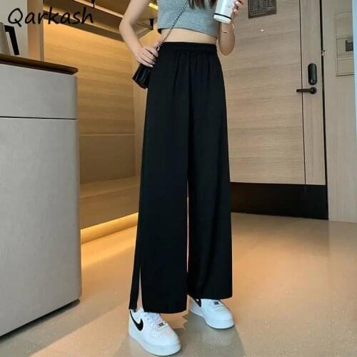 Pants Women Black Ankle-length Elegant Wide Leg Loose Comfortable Casual Summer Street Daily Popular Elastic Waist Side-slit New