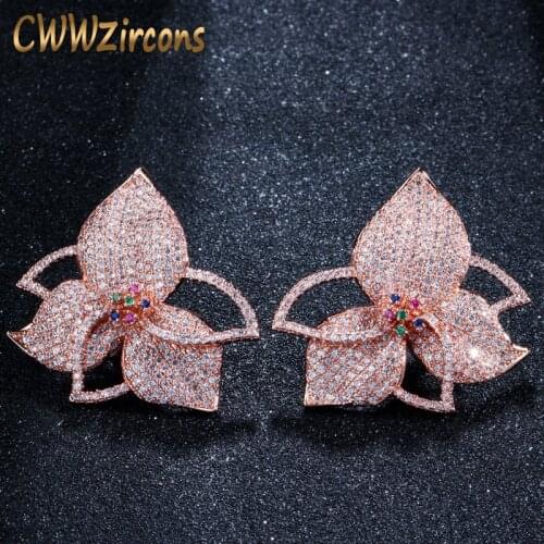 CWWZircons Exclusive Leaf Flower Multicolor Cubic Zirconia Pave Rose Gold Women Big Engagement Night Out Party Earrings CZ418