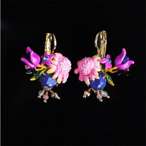 European and American Trend Ins Cold Wind Monet Garden Earrings Enamel Color Glaze Pink Flower Daisy Butterfly Tassel Earrings