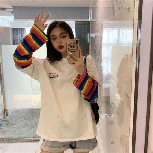Rainbow Kawaii TShirt Women 2021 New Spring Long Sleeve Harajuku Tees Casual Student Tops Stripe Fake Two Piece Oversized Tshirt
