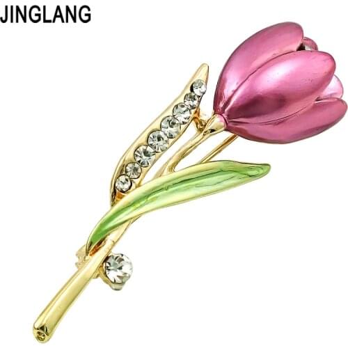 JINGLANG Fashion Gold Color Brooches Pins Rhinestone Purple Tulip Flower Brooches For Women Wedding Decoration Jewelry Gifts
