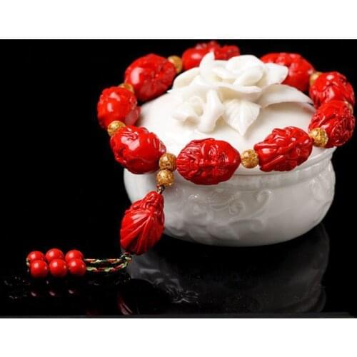 Chinese Natural Red Organic Cinnabar Lohan Beads Bracelet Elastic Bangle Buddhism Amulet Charm Jewellery Fashion Woman Gifts
