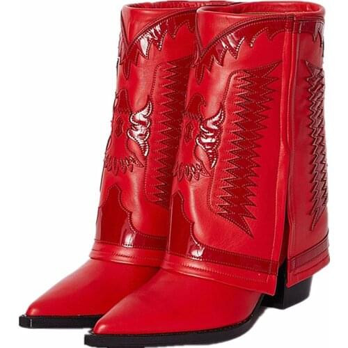 MKKHOU Fashion Short Boots Womens New Hot Leather Pointed Embroidered Thick Heel Pants Boots Miss All-match Middle Boots