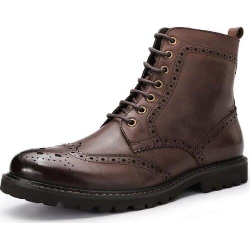 Men Motorcycle boots Martin Boots Vintage Style British Carved Leather Boots Higj top Cow leather Military Boot Bullock shoes