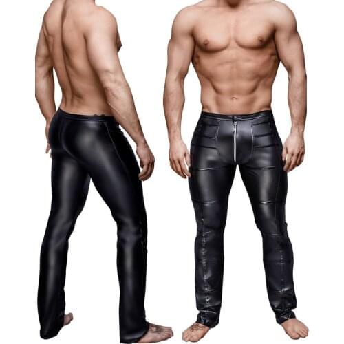 Mens Faux Leather Latex Leggings Wetlook Clubwear Zipper Bondage Exotic Pants Gay Club Stage Dance Wear
