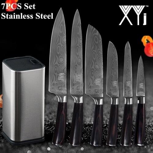 XYj Stainless Steel Kitchen Knife Set With 8'' INCH Knife Storage Box Stand Chef Slicing Santoku Knife Damascus Pattern Blade