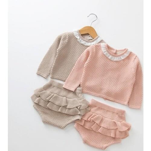 0-2 Year Old Clothing New 2019 Autumn Baby Girls Suit Knit Cotton Baby Long Sleeve Blouse + Lotus Leaf Shorts Baby Clothing Set
