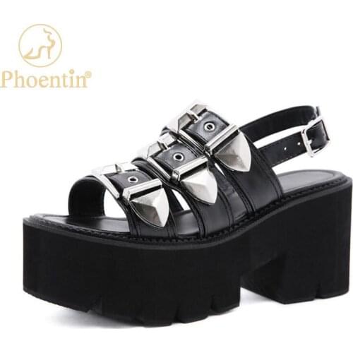 Phoentin Womens Black Punk Sandals Platform Open Toe Thick Bottom Sandals 2021 summer Casual Roman Shoes plus size 35-43 FT1565