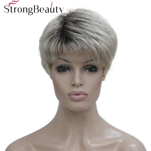 StrongBeauty Short Straight Wigs Synthetic Hair with Small Monofilament Top Puffy Natural Wigs With Bangs 4 Colors For Choose
