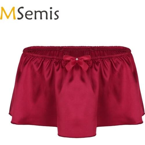 Men Sissy Underwear Brief Hot Lingerie Shiny Satin Ruffled Skirted High Cut Exotic G-string Thong Underwear Panties Sleeepwaer