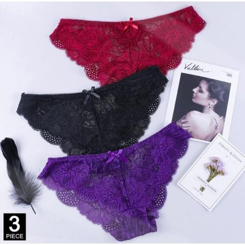 Panties Woman Sexy Lace Briefs Transparent Female Underwear Hollow Out Cotton Crotch Girls Underpants 3 Pcs/Set