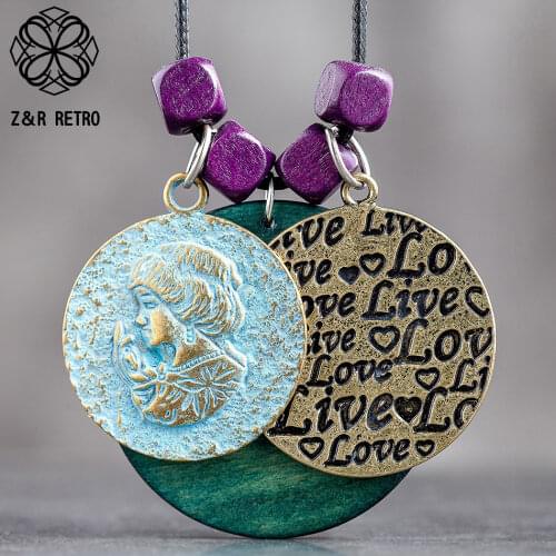 Vintage Colored Necklace Jewelry Long Chain Purple Beads Pendants Round Suspension Decoration Statement Accessories Wholesale