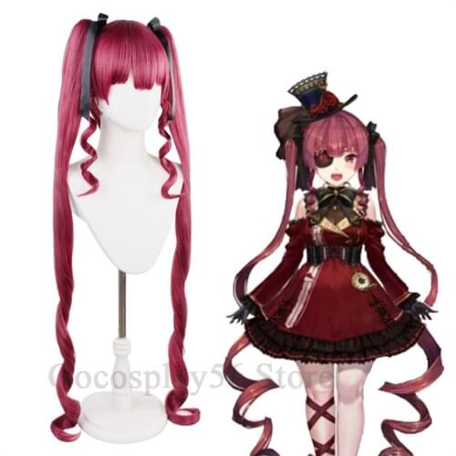VTuber Houshou Marine Wig Gothic Lolita Hololive Girls Youtuber Cosplay Long Curly Ponytails Synthetic Hair Free Wig Cap
