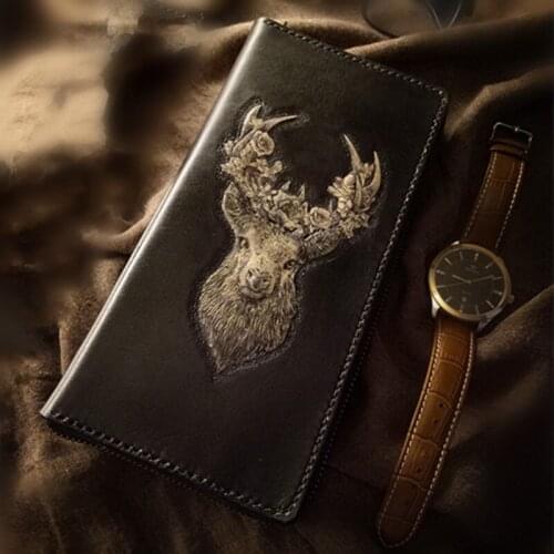 High-end Handmade Wallets Carving Davids Deer Purses Men Long Clutch Vegetable Tanned Leather Wallet Card Holder