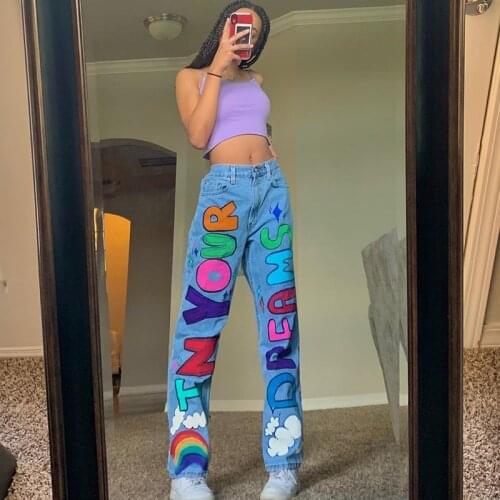 Y2K Girl Cool Letter Printed Straight Trousers Women Painted High Waist Jeans Hip Hop High Street Casual Pants y2k pants