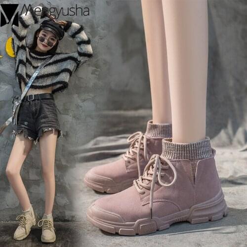 Student riding botines plush winter socks shoes woman wool suede lace-up snow boots flat heels solid platform ankle booties pink