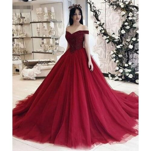 Vestidos 15 anos de baile Burgundy Ball Gown Quinceanera Dresses Classic Off the Shoulder Beading Tulle Prom Dresses Long 2020