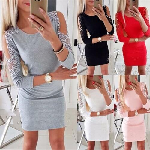Womens Bodycon Dress Fashion Lace Hollow Out Design Long Sleeve Solid Color Dress Autumn Elegant Party Dress Sexy Slim Hip Dress