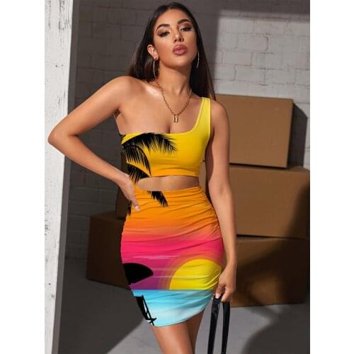 Giyu Brand Hawaii Dresses Women Coconut Tree Bodycon Dress Moon Halter Sleeveless Sunset Glow 3d Print Womens Clothing Club