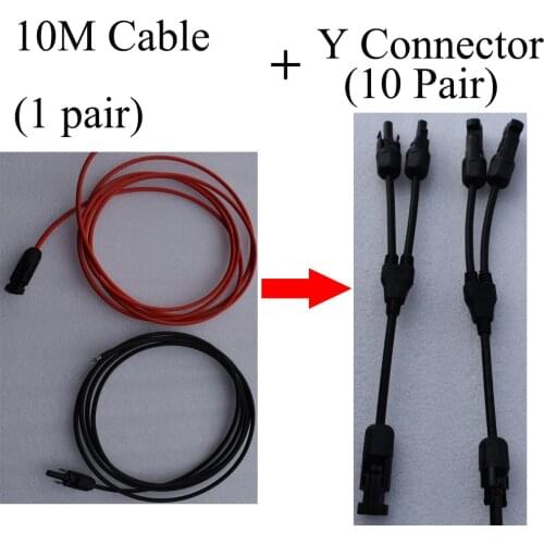 1 Pair 10M 13AWG Solar Cable with Male Female Connector And 10Pairs Y type Connector Black Plus Red