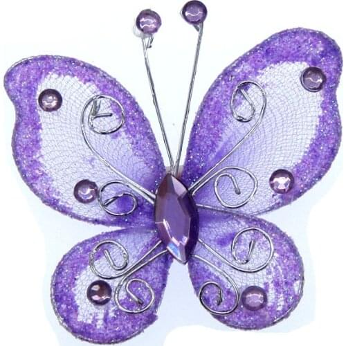 10pcs Organza purple wire butterflies glitter rhinestone butterfly charm for wedding stakes Party DIY Decorations 5.2 x 5.6cm