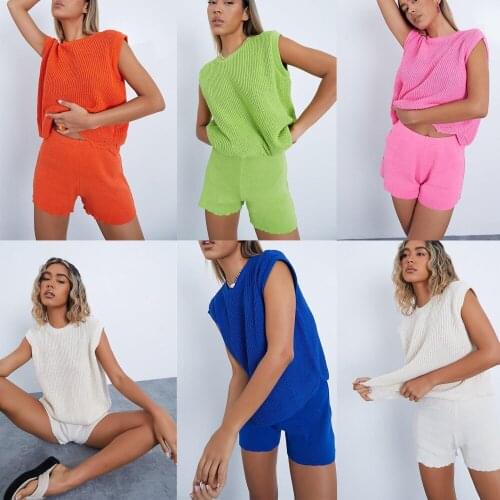 2 piezas de trajes de color sólido para mujer, tops de punto con cuello redondo sueltos para adultos + pantalones cortos