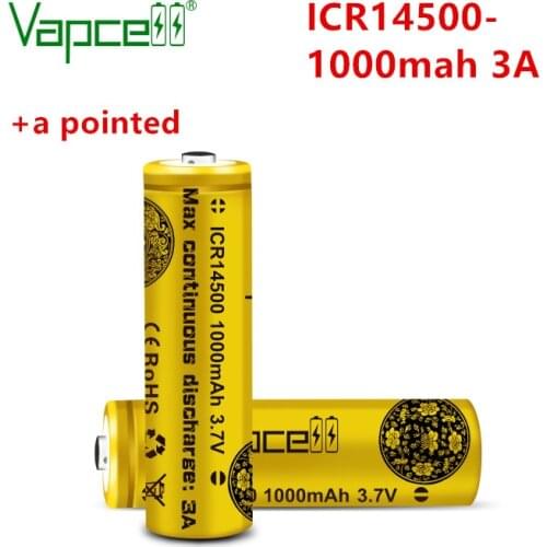 2pcs/lot Vapcell original lithium 3.7V battery 14500 1000mah 3A rechargeable battery button top ( add a pointed ) free shipping