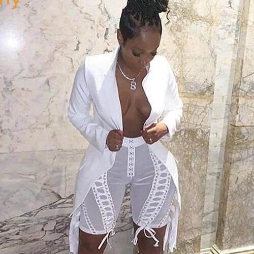2020 New Sexy Womens Pants Set Long Sleeve Cutout Jacket and Perspective Mesh Tassel Pants 2 Two Piece Club Celebrity Party Set