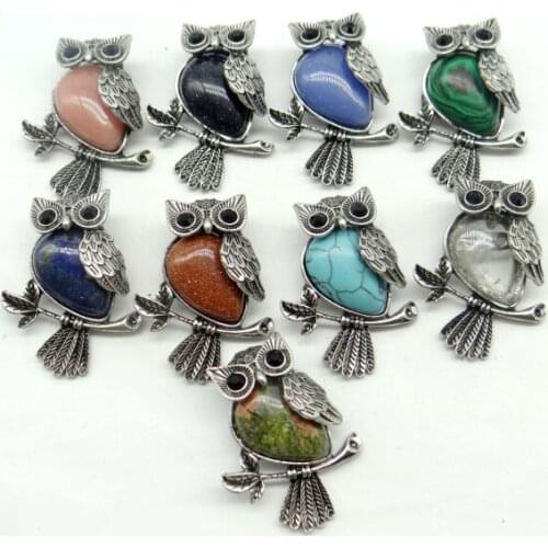 Natural stone mix tiger eye Quartz crystal aventurine animal Owl Archaize silver brooch Pendant Jewelry making Accessories10pcs