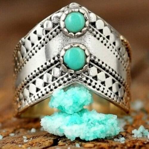 Antique 925 Sterling Silver Turquoise Ring for Women Boho Bohemian Blue Stone Thumb Chevron