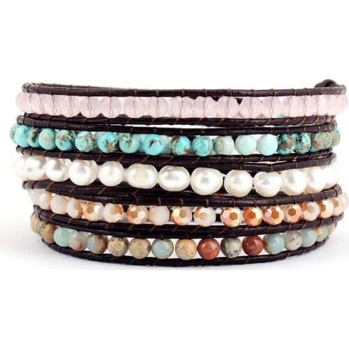 Bohemia Freshwater Pearl Crystal Natural Stones 5 Strand Leather Wrap Bracelet Multilayers Semi Precious Stones Bracelet