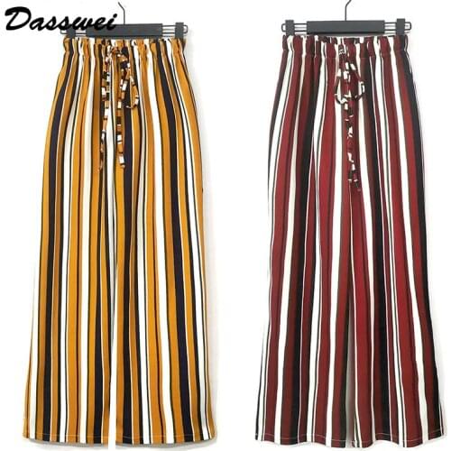 DASSWEI Striped Printed WIde Leg Pants 2021 Spring Women Casual Long Loose Trousers Elastic High Waist Ankle Length Pants Femme