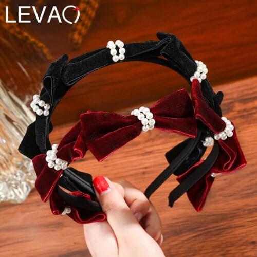 LEVAO Solid Color Velvet Webbing Hair Hoop Bow Scrunchies Pearl Headband Decorations For Girls Fashion Ornament Hair Accessories
