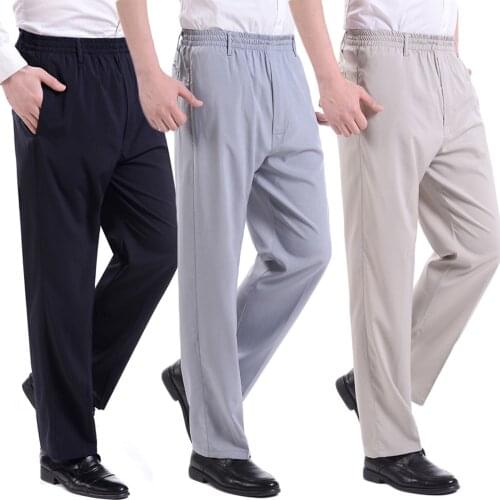 Fashion 2021 summer emulation silk pants elastic waist thin elderly people dad loose slacks fat Old Men loose Plus Size 10XL
