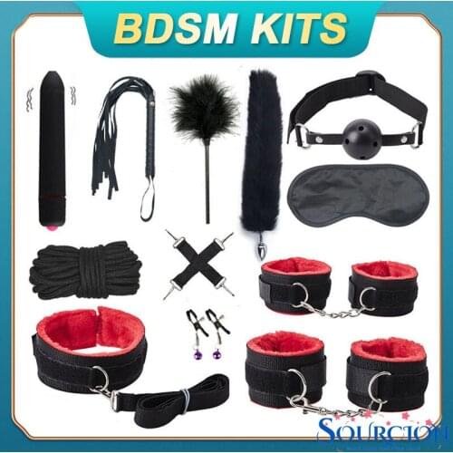 BDSM Kits Exotic Adults Games Sex Toys Leather Bondage Handcuffs For Sex Whip Gag Tail Plug Women Sex Tools For Couples